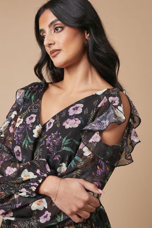 Oasis Oasis Women's Occasion Floral Printed Metallic Cold Shoulder Midaxi Dress - 3