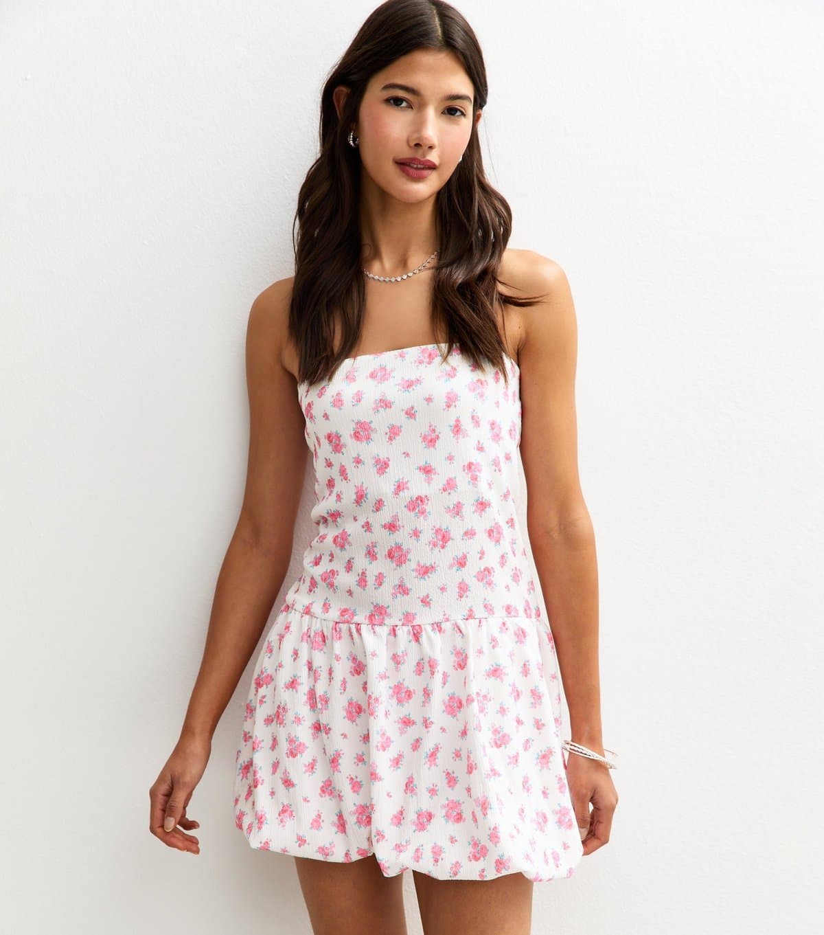 New Look Women's White Floral Print Crinkled Texture Bandeau Mini Dress New Look