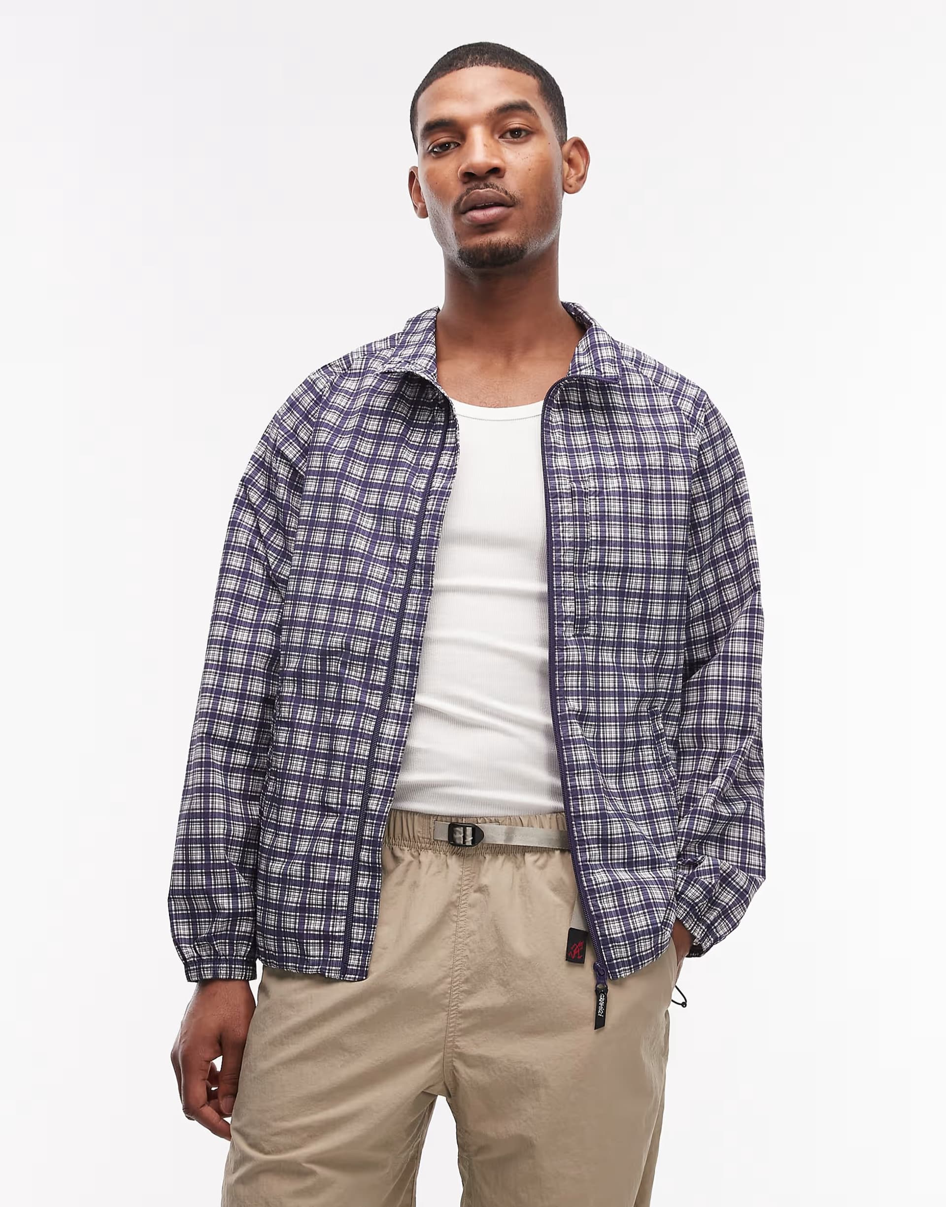 ASOS Gramicci checkered shell zip up jacket in navy check