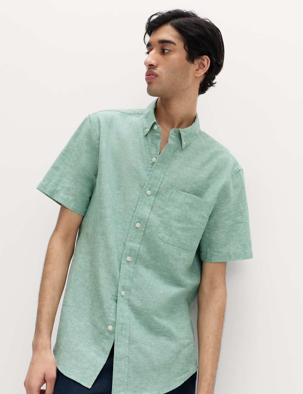 Marks & Spencer M&S Regular Fit Linen Rich Short Sleeve Shirt Green