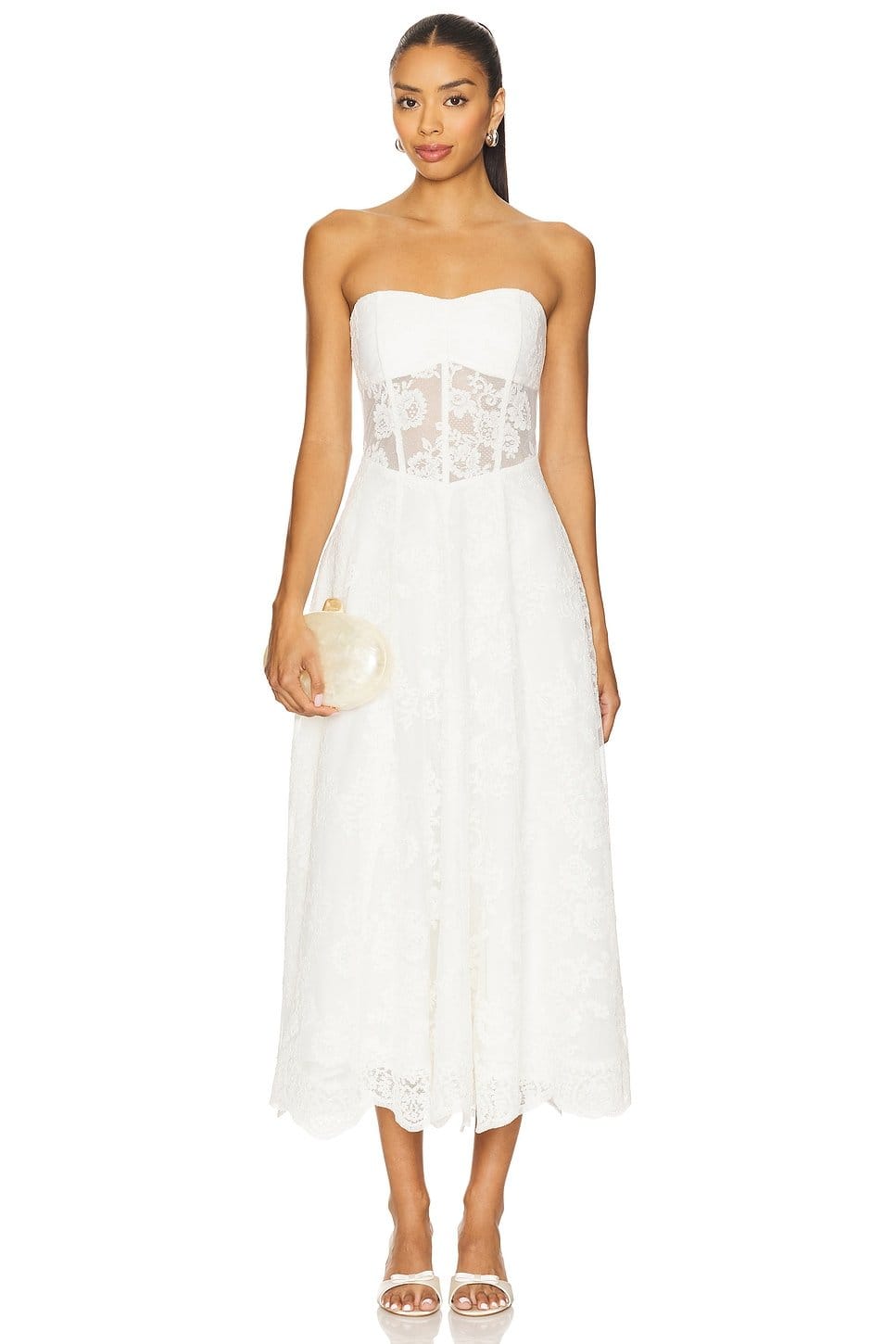 Revolve White Chantilly Lace Strapless Midi Dress