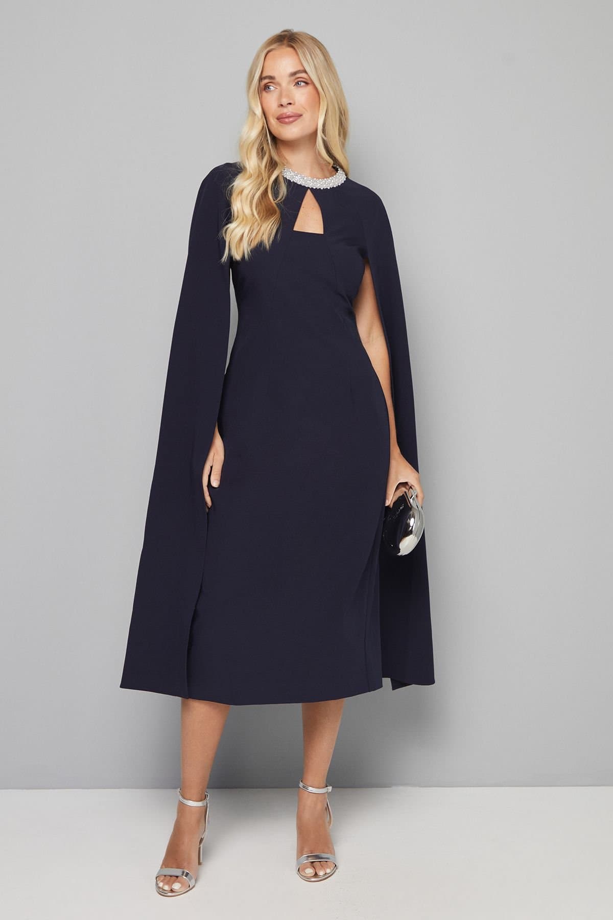 Wallis Wallis Women's Petite Embellished Seam Detail Cape Sleeve Dress in Navy