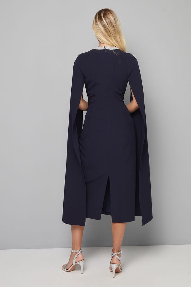Wallis Wallis Women's Petite Embellished Seam Detail Cape Sleeve Dress in Navy - 3