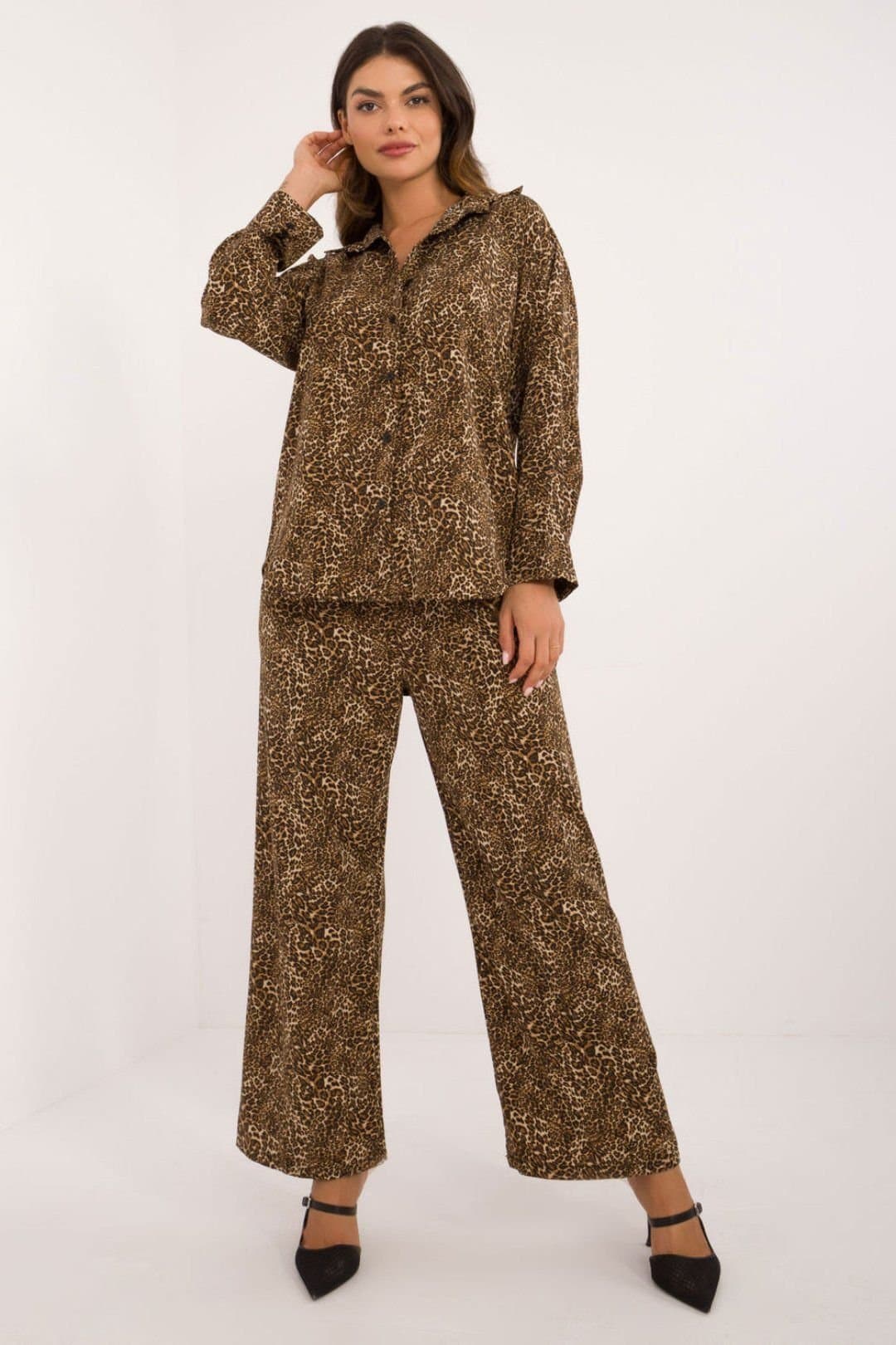 Love Lace Love Lace Women's Animal Print Button Shirt & Wide Leg Pants Set in Brown