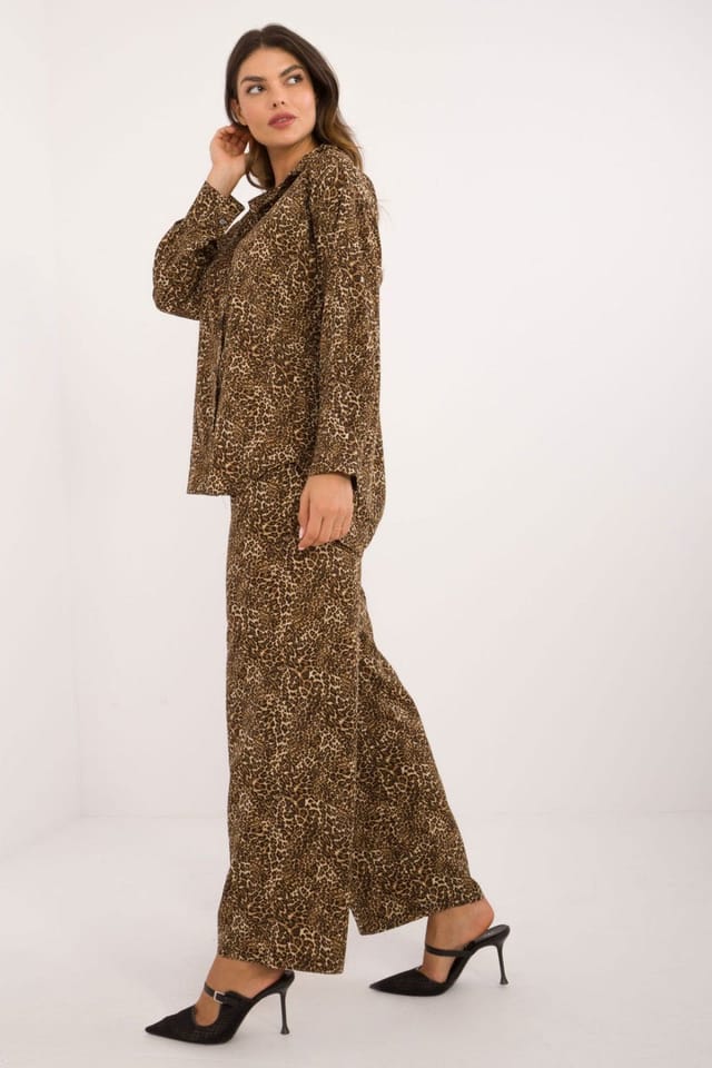 Love Lace Love Lace Women's Animal Print Button Shirt & Wide Leg Pants Set in Brown - 3