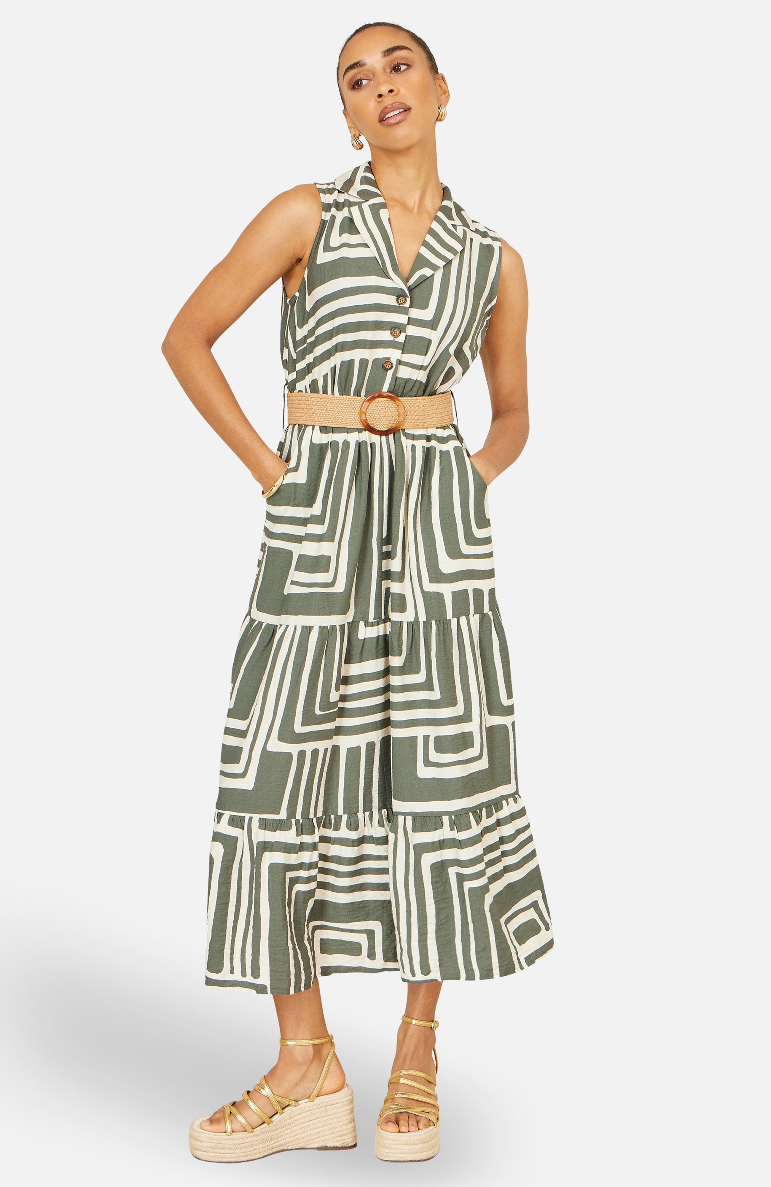 Yumi Yumi Women's Viscose Geo Print Midi Shirt Dress With Matching Belt in Olive - 2