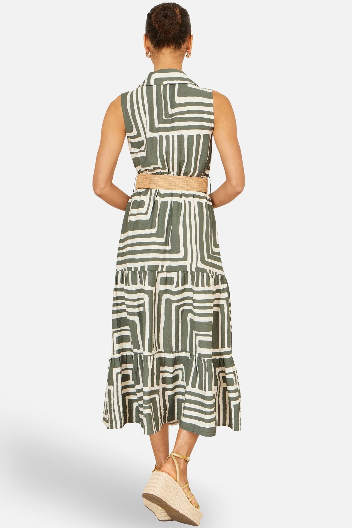 Yumi Yumi Women's Viscose Geo Print Midi Shirt Dress With Matching Belt in Olive - 3