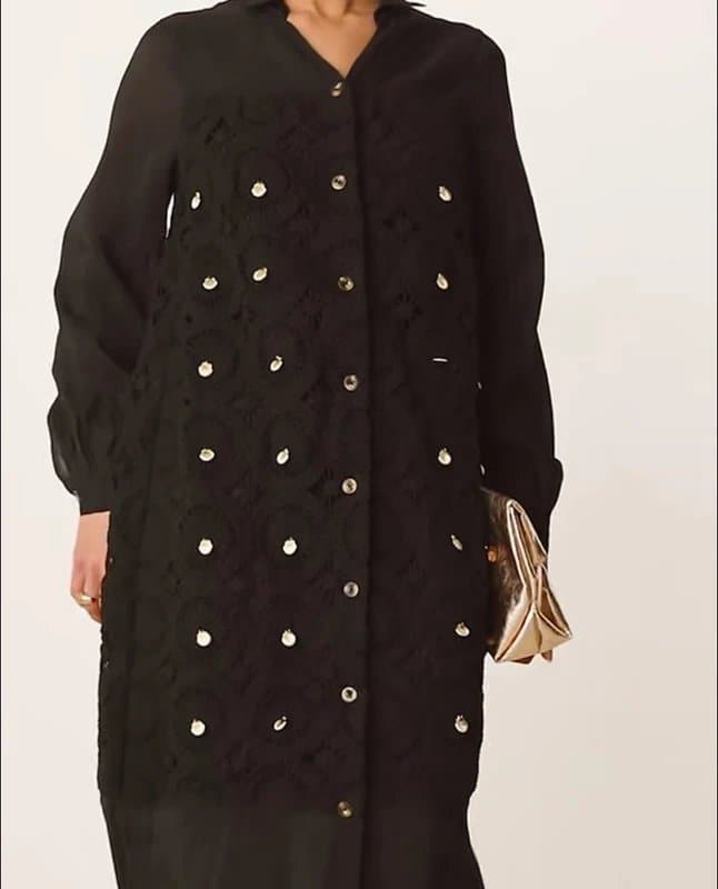 Never Fully Dressed Never Fully Dressed crochet longline shirt dress in black with gold shells