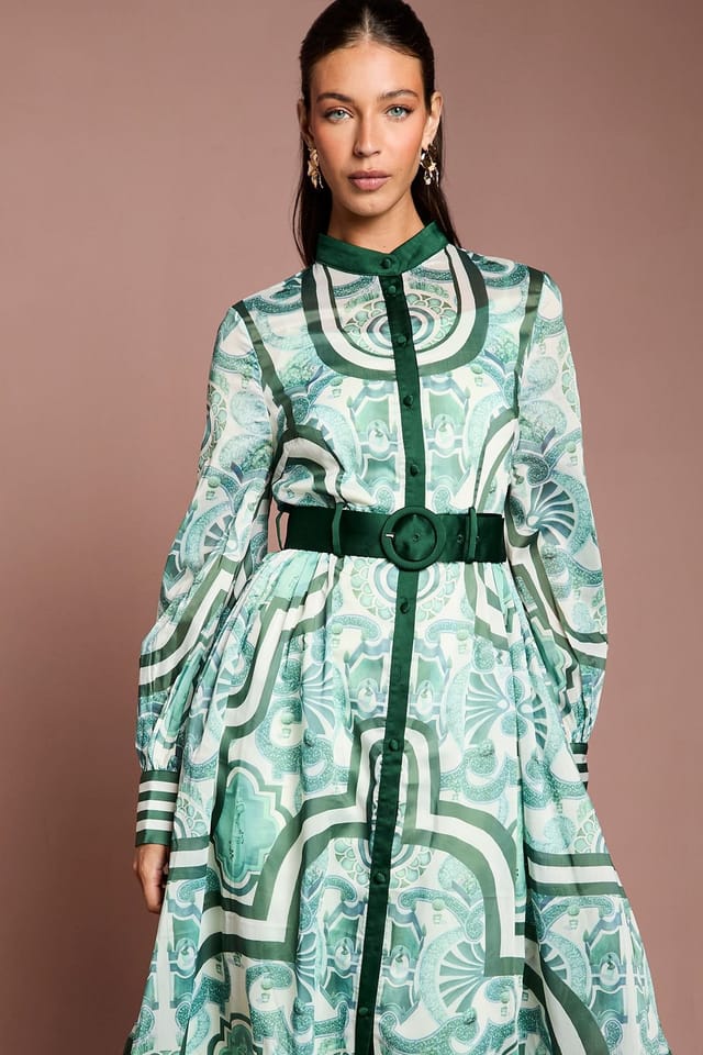 Coast Coast Women's Lisa Tan Organza Belted Shirt Dress in Green - 2