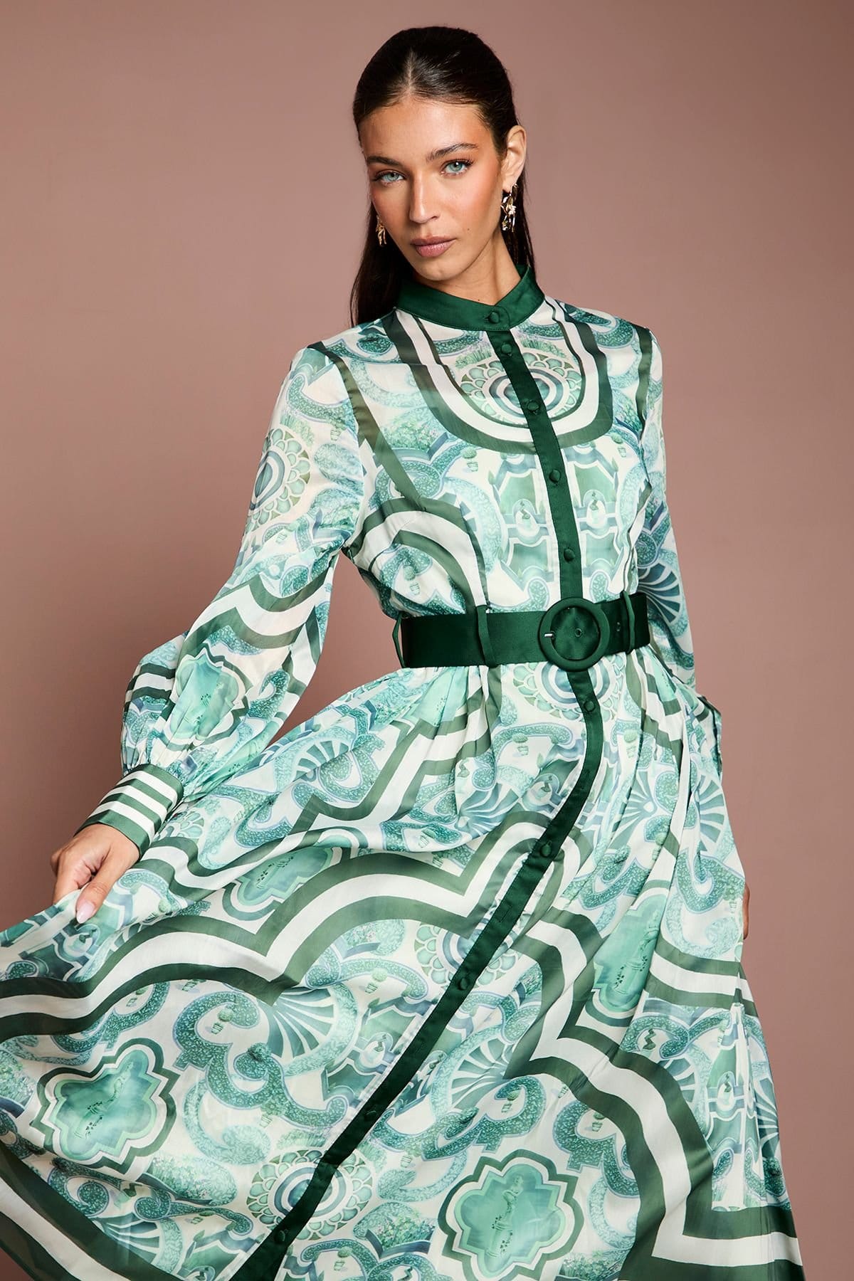 Coast Coast Women's Lisa Tan Organza Belted Shirt Dress in Green - 4