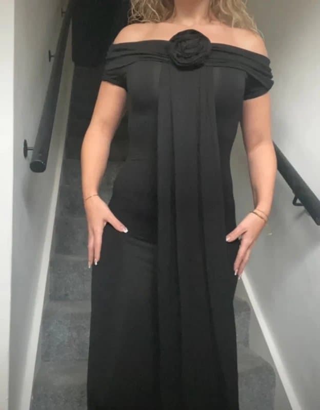 Wanderdoll Wanderdoll sculpting bardot maxi dress with flower detail in black