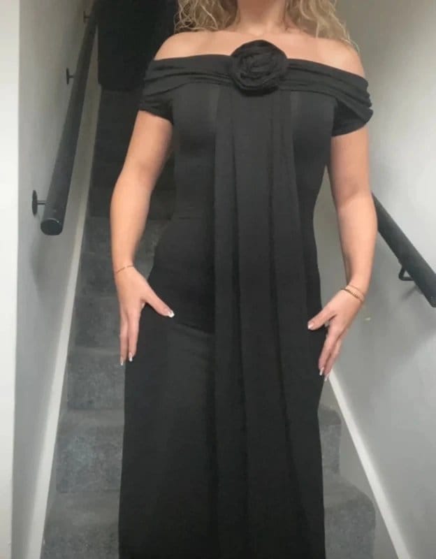 Wanderdoll Wanderdoll sculpting bardot maxi dress with flower detail in black - 1