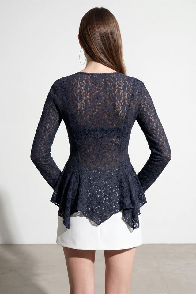 Dilvin Dilvin Women's Lace V-Neck Button Cardigan in Dark Navy - 3