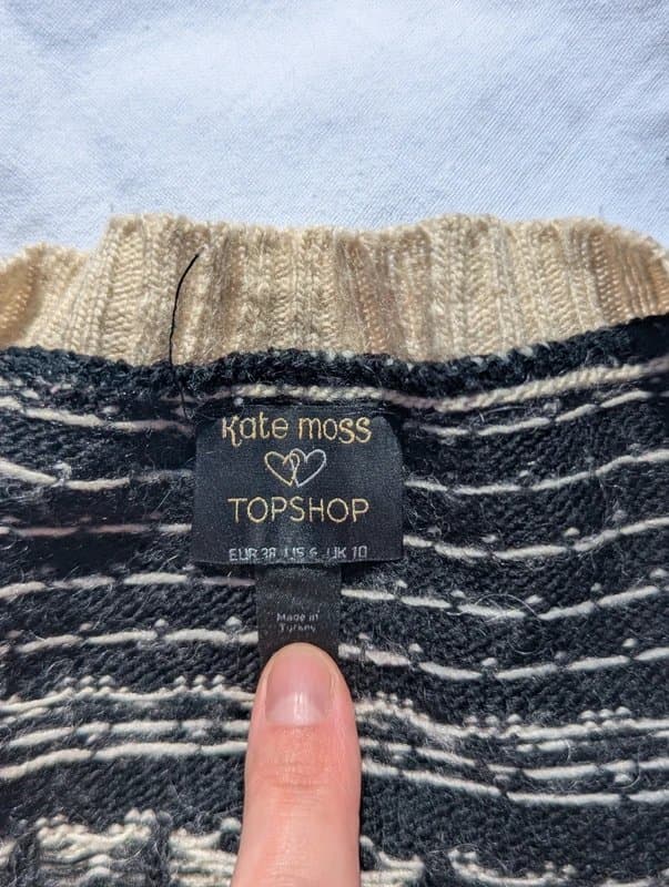 Topshop Rare Vintage Kate Moss for Topshop Black & Cream Jacquard Wool Cardigan UK 10
