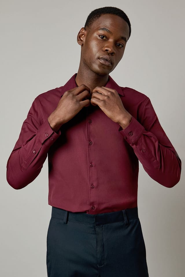 Burton Burton Men's Burgundy Easy Iron Slim Fit Long Sleeve Shirt - 2