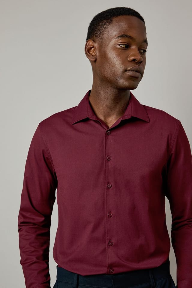Burton Burton Men's Burgundy Easy Iron Slim Fit Long Sleeve Shirt - 3