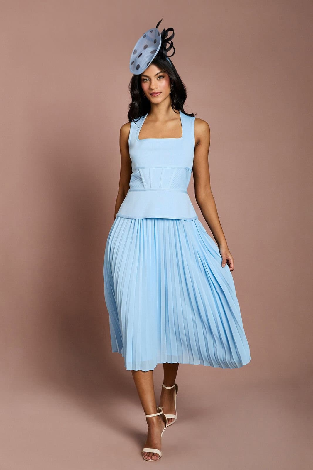 Coast Coast Women's Petite Lisa Tan Bandage Peplum Georgette Pleated Skirt Midi Dress in Light Blue