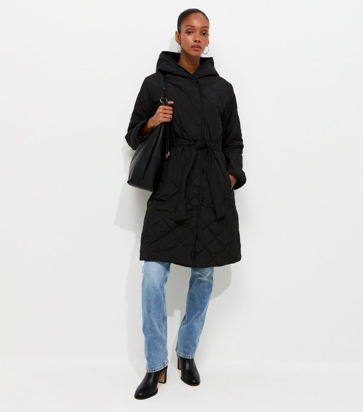 New Look Women's Black Hooded Belted Quilted Jacket New Look