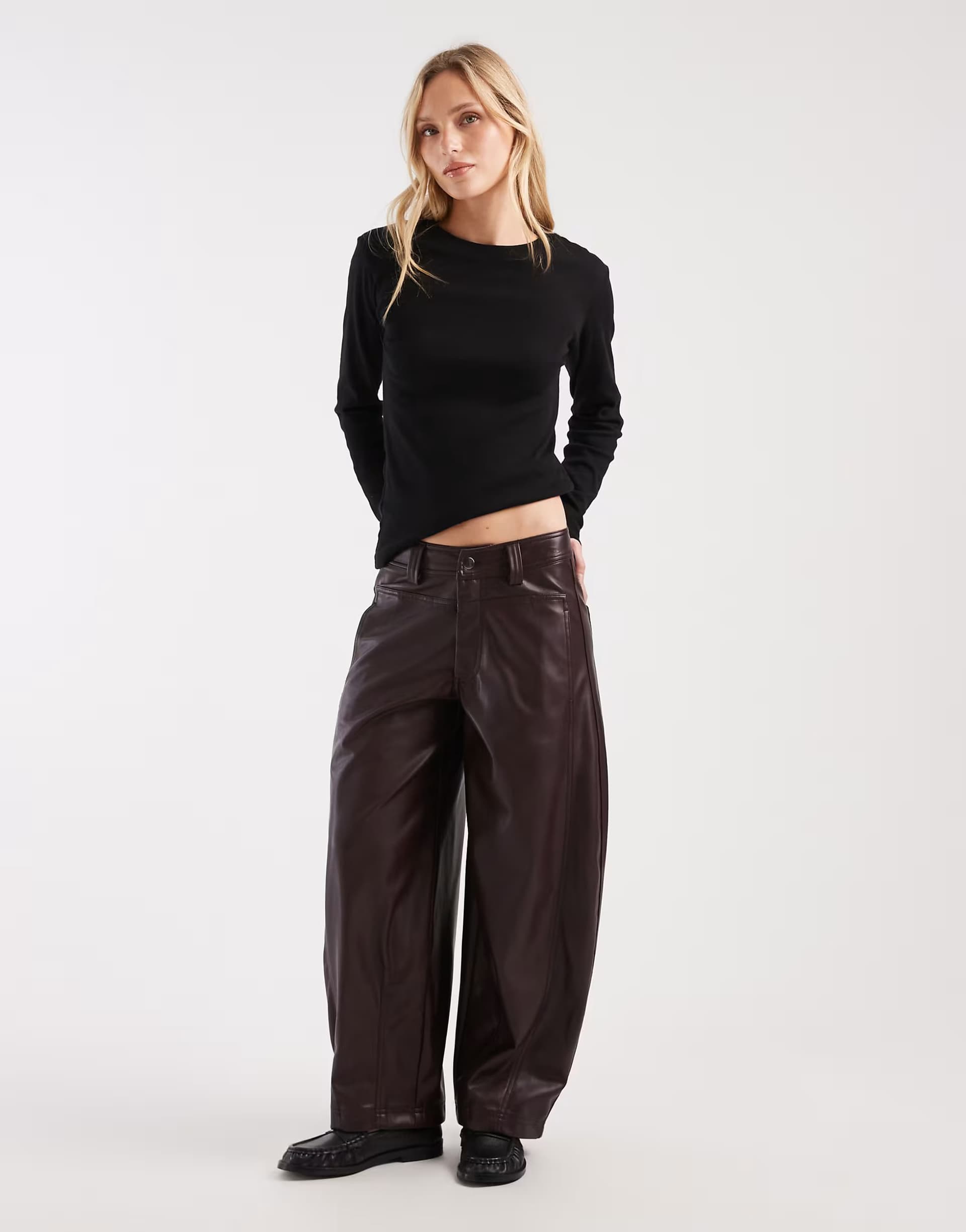 ASOS ASOS DESIGN Petite faux leather barrel leg trousers with seam detail in plum
