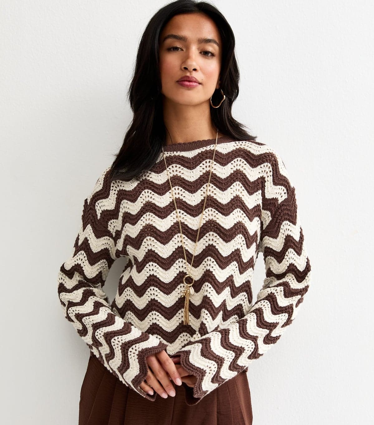 New Look Women's Petite Brown Cotton Rich Wavy Stitchy Knit Jumper New Look