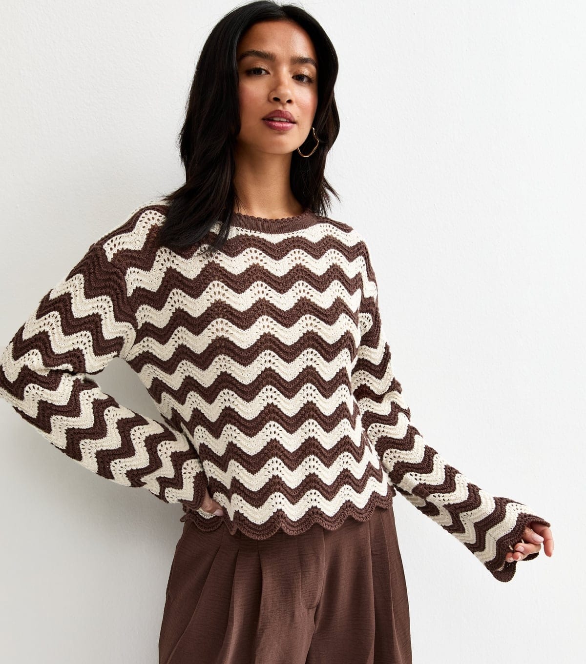 New Look Women's Petite Brown Cotton Rich Wavy Stitchy Knit Jumper New Look - 4