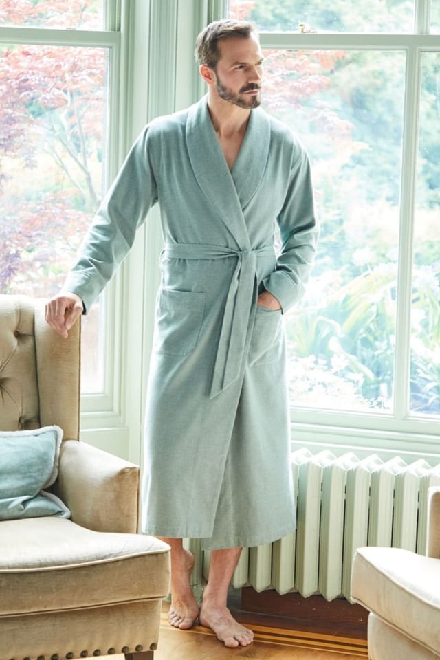 British Boxers British Boxers Men's "Moss" Herringbone Brushed Cotton Dressing Gown in Dark Green - 2