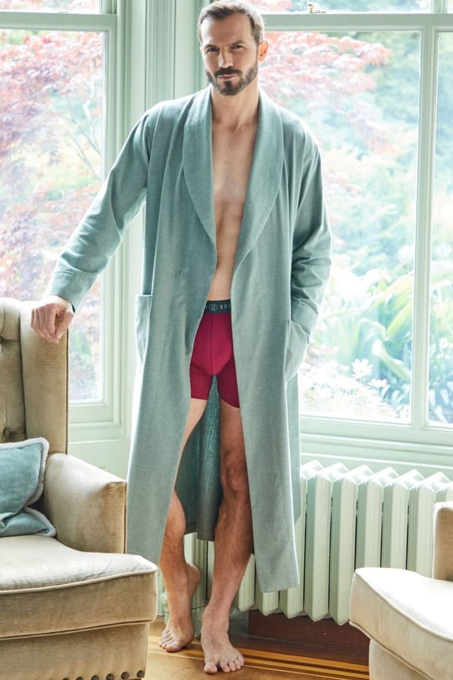 British Boxers British Boxers Men's "Moss" Herringbone Brushed Cotton Dressing Gown in Dark Green - 3