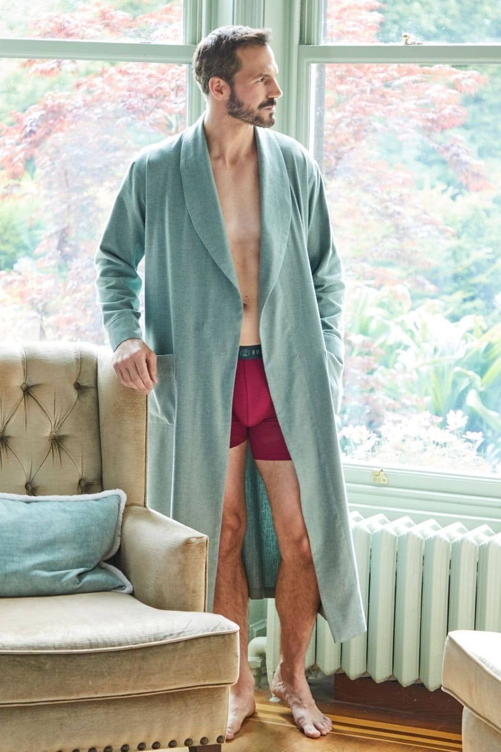 British Boxers British Boxers Men's "Moss" Herringbone Brushed Cotton Dressing Gown in Dark Green - 4