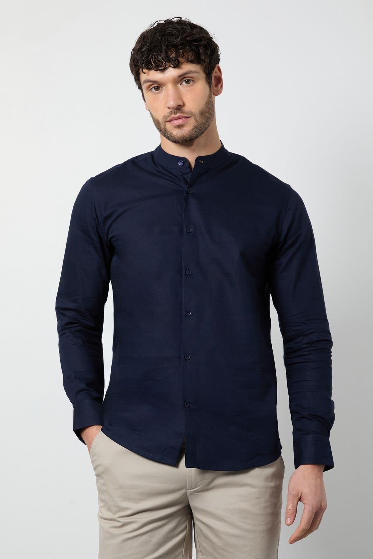 Burton Burton Men's Navy Oxford Grandad Long Sleeve Shirt
