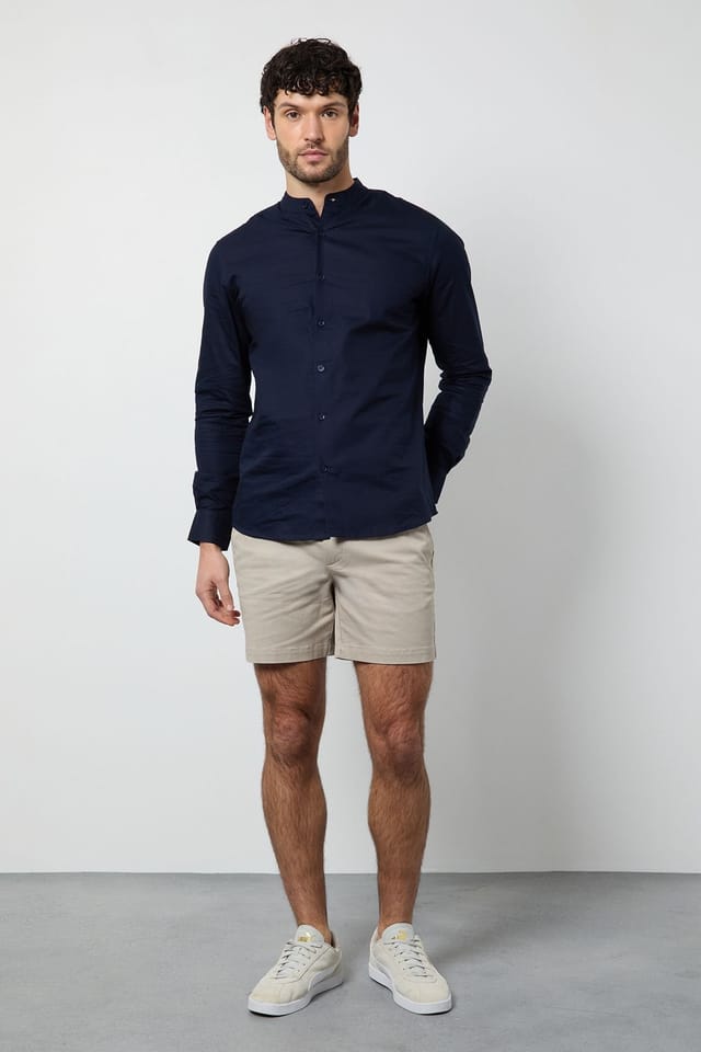 Burton Burton Men's Navy Oxford Grandad Long Sleeve Shirt - 2