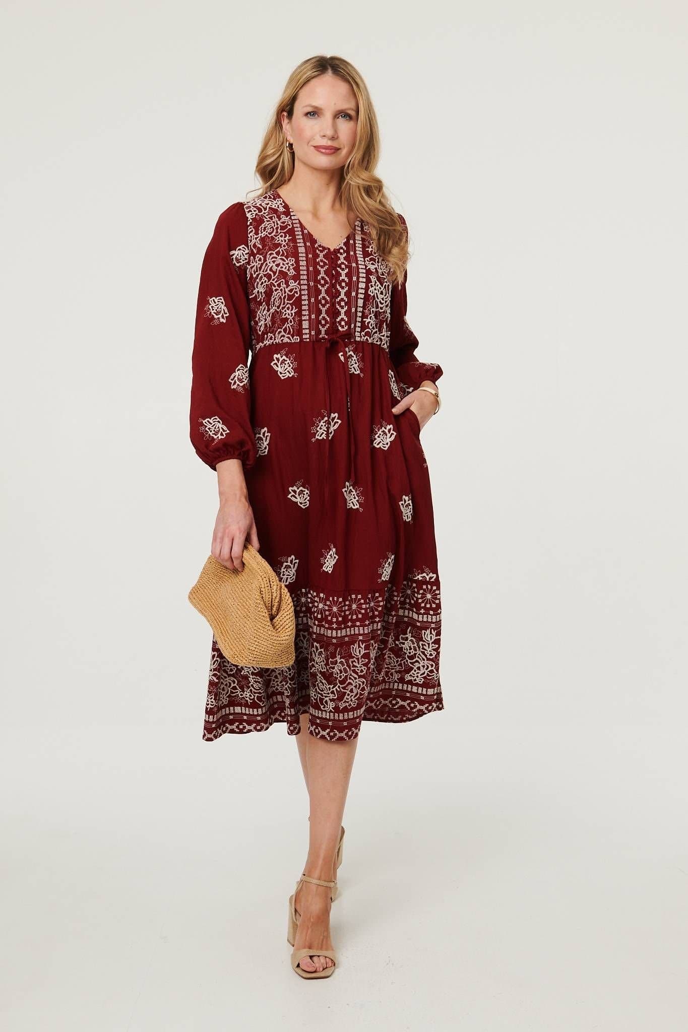 Izabel London Izabel London Women's Embroidered Long Sleeve Midi Dress in Red