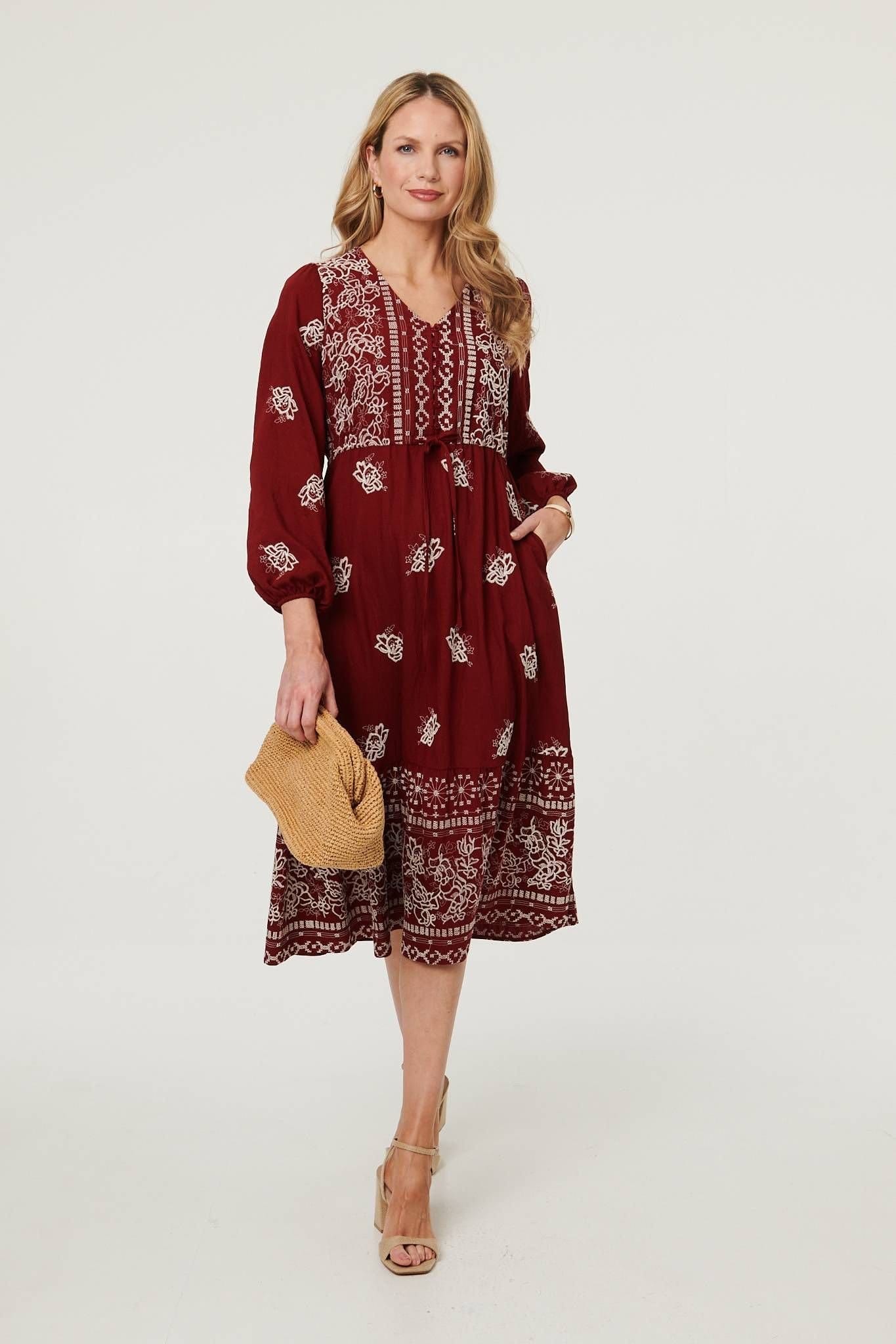 Izabel London Red Embroidered Long Sleeve Midi Dress