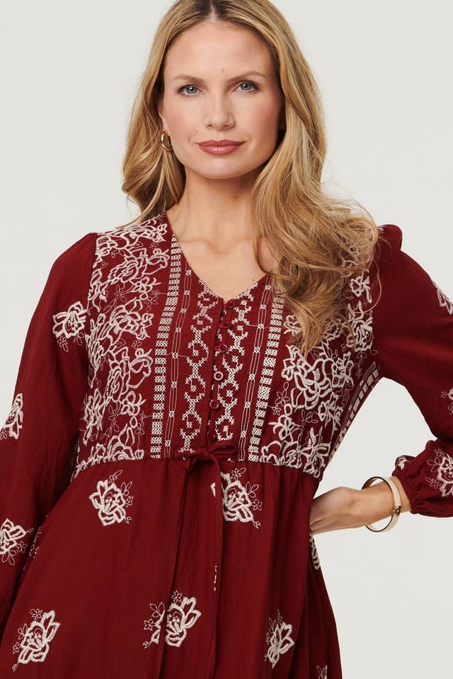 Izabel London Izabel London Women's Embroidered Long Sleeve Midi Dress in Red - 2