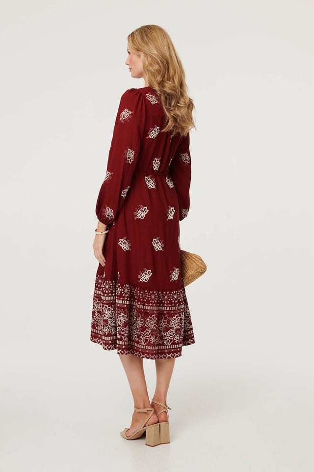 Izabel London Izabel London Women's Embroidered Long Sleeve Midi Dress in Red - 3