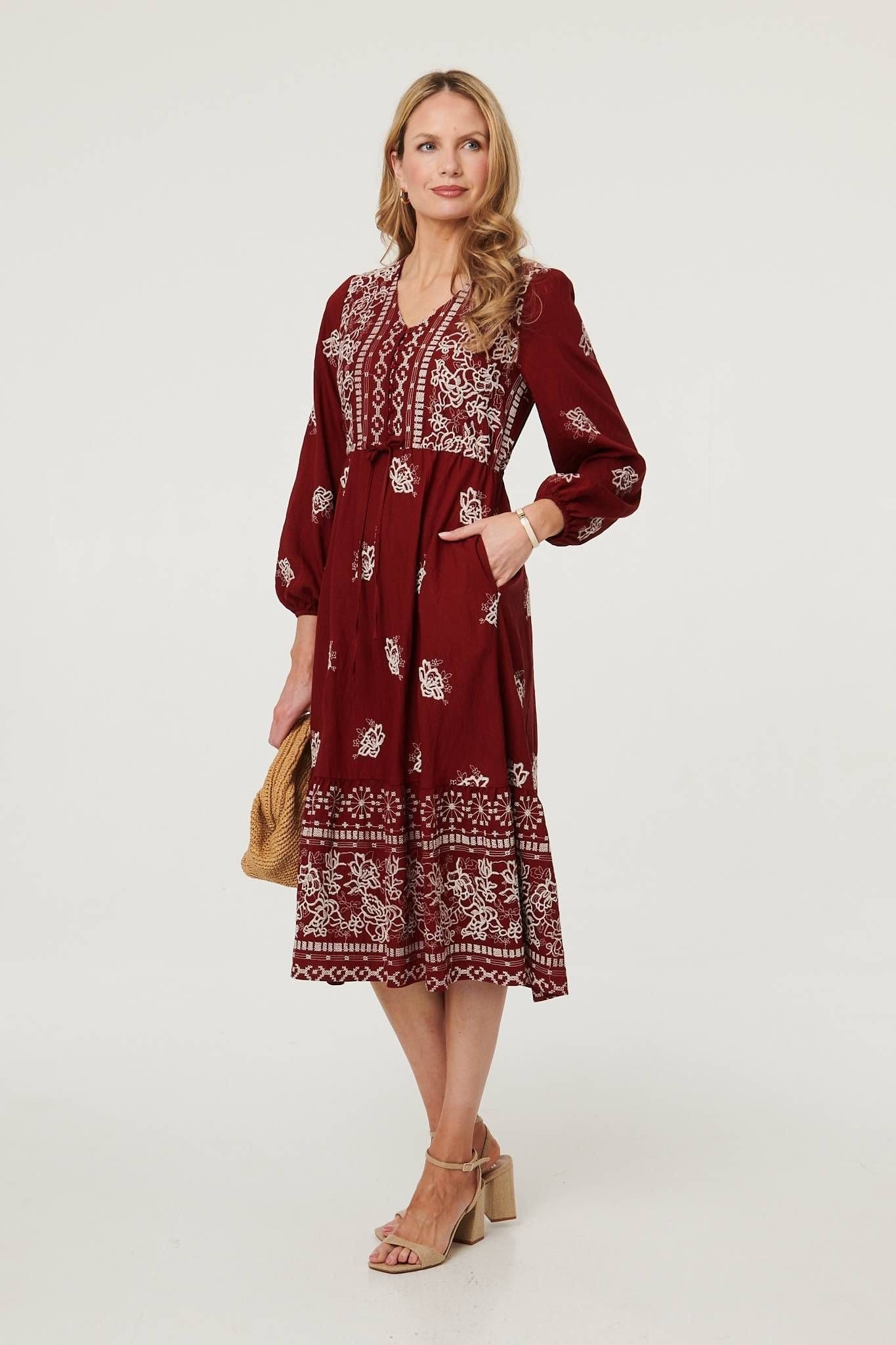 Izabel London Izabel London Women's Embroidered Long Sleeve Midi Dress in Red - 4
