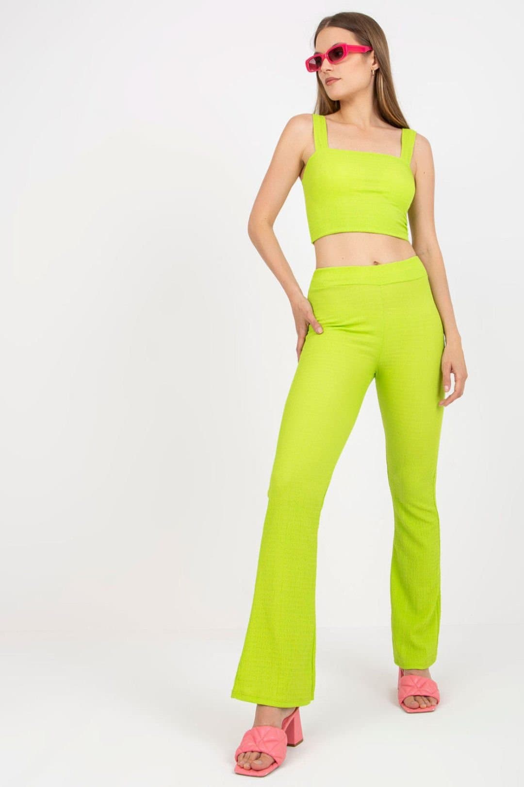 Love Lace Love Lace Women's Rectangular Neck Padded Top Wide Leg Set in Green