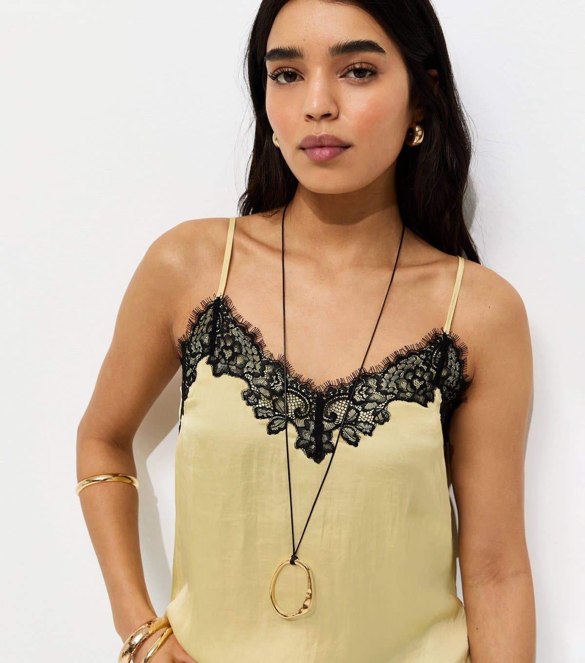 New Look New Look Light Yellow Lace Neck Cami Top