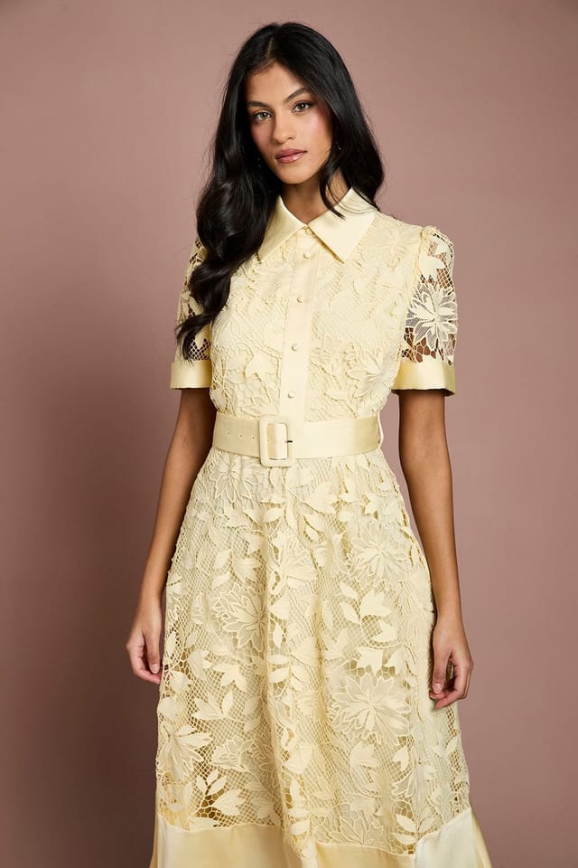 Coast Coast Women's Petite Satin Trim Lace Shirt Midi Dress in Lemon - 2