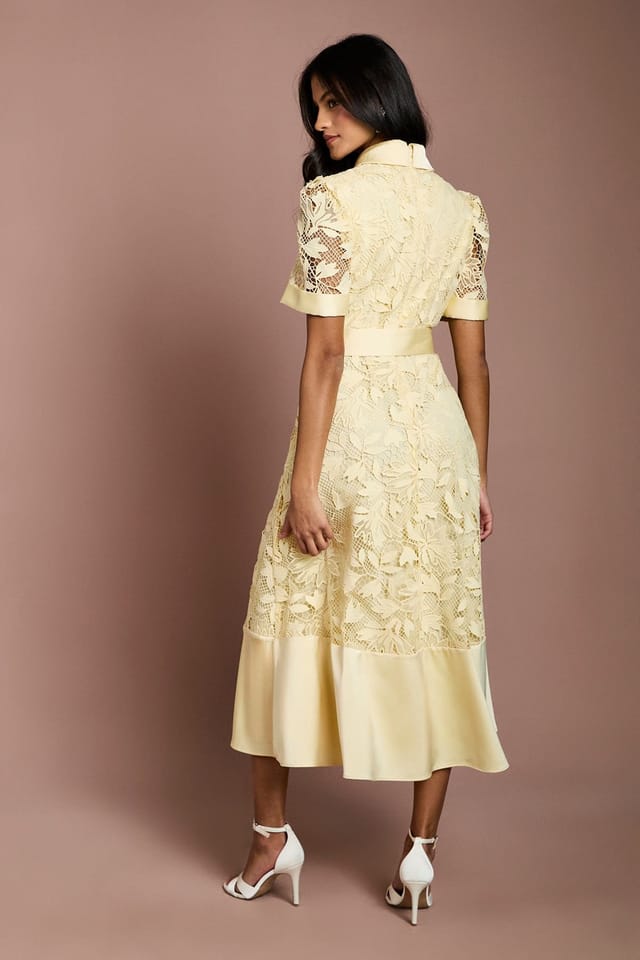Coast Coast Women's Petite Satin Trim Lace Shirt Midi Dress in Lemon - 3