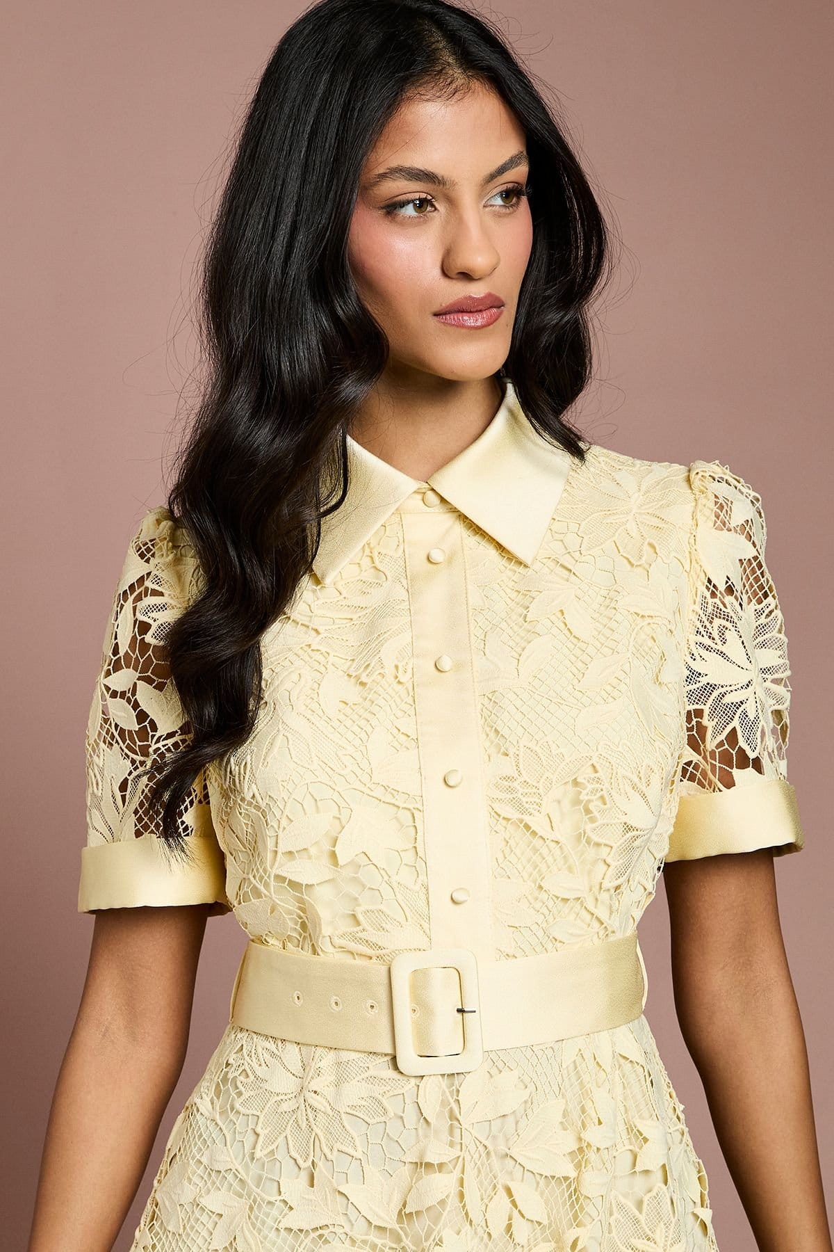 Coast Coast Women's Petite Satin Trim Lace Shirt Midi Dress in Lemon - 4