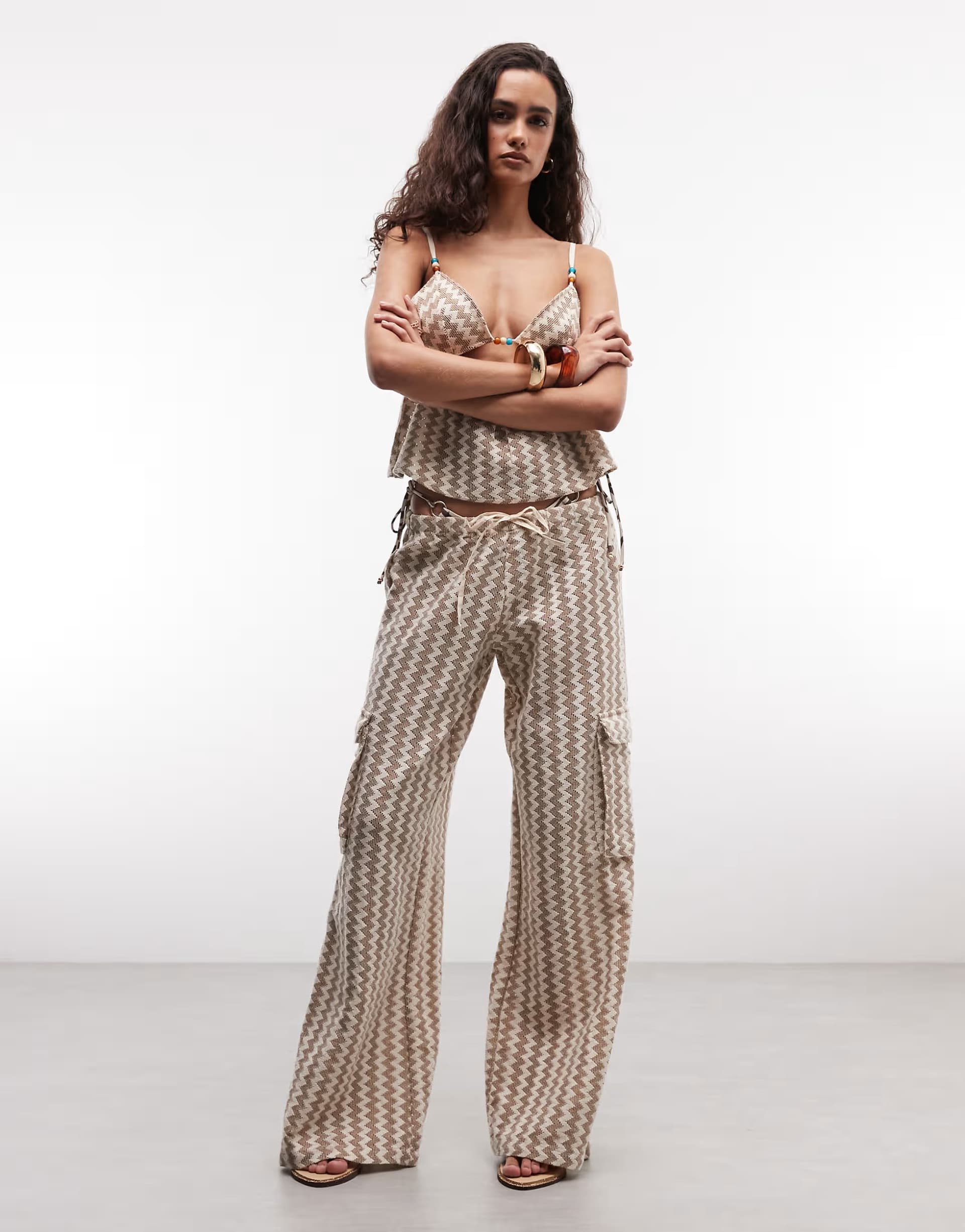 ASOS Roxy zigzag stripe beach trouser set in beige