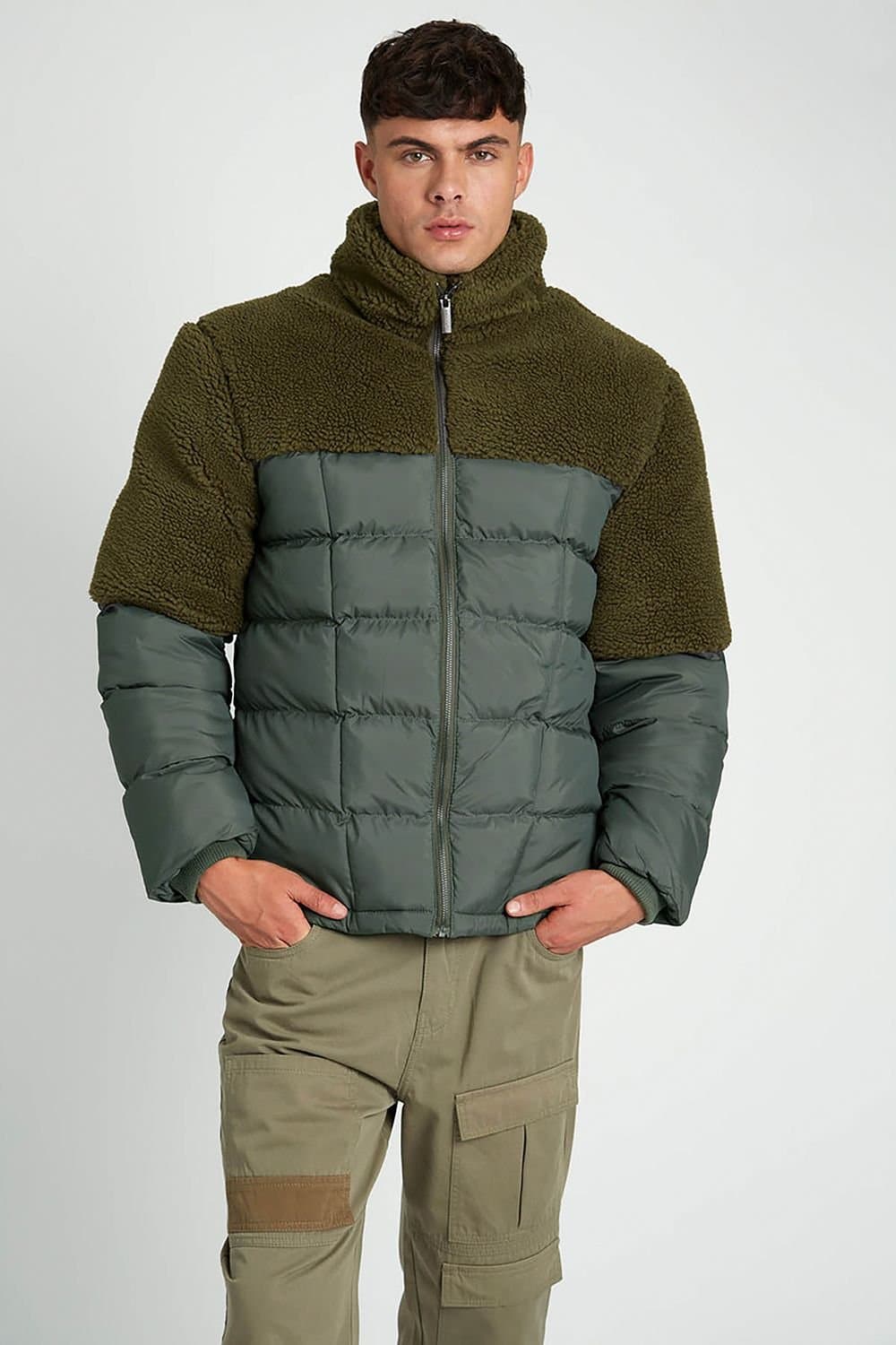 Native Youth Native Youth Men's Sherpa Panel Quilted Zip Puffer Jacket in Khaki