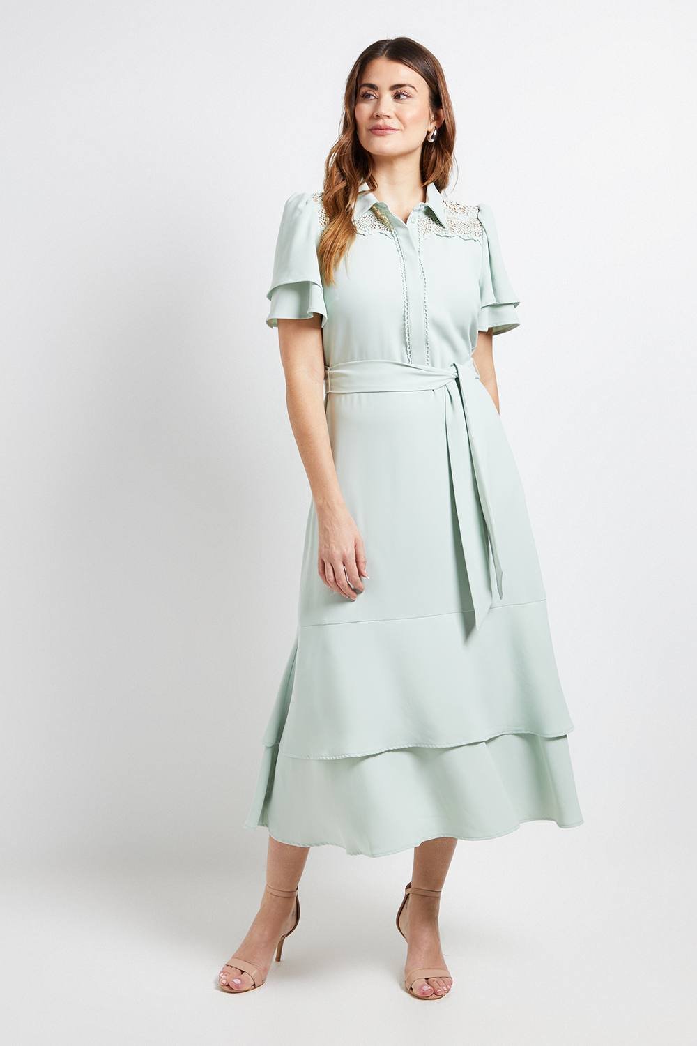 Wallis Wallis Women's Lace Insert Ruffle Sleeve Midi Dress in Mint - 2