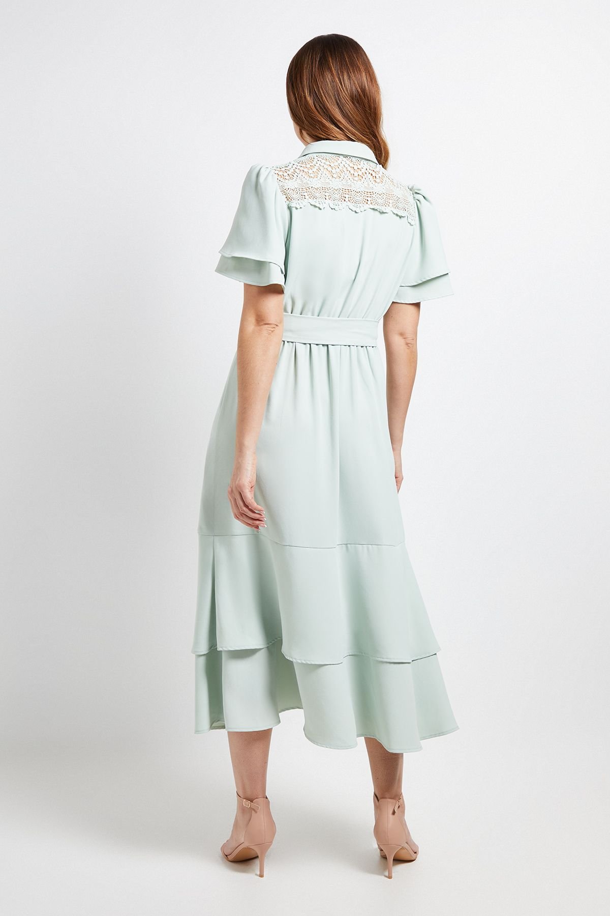 Wallis Wallis Women's Lace Insert Ruffle Sleeve Midi Dress in Mint - 3