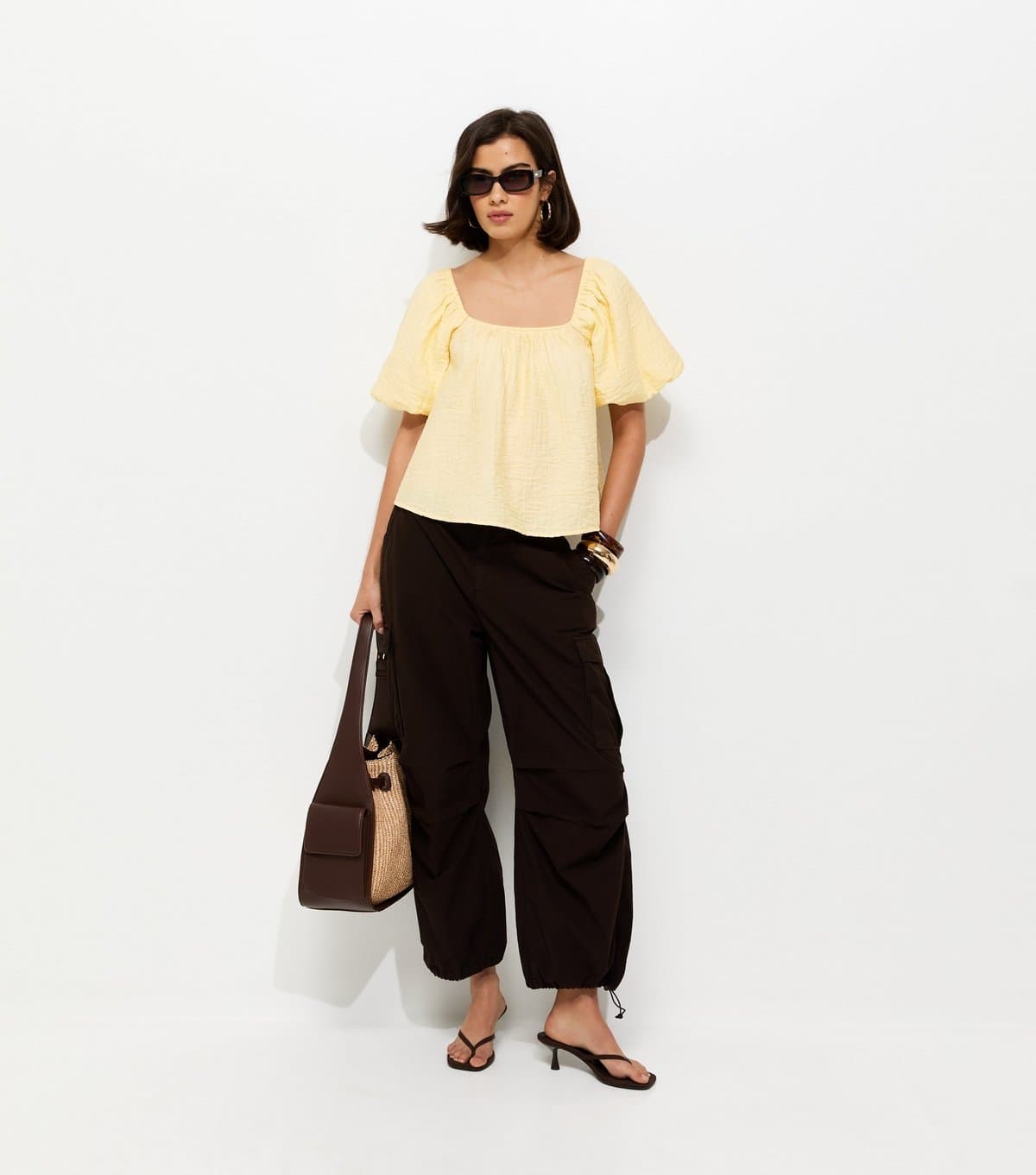 New Look Women's Yellow Puff Sleeve Tie Back Top New Look