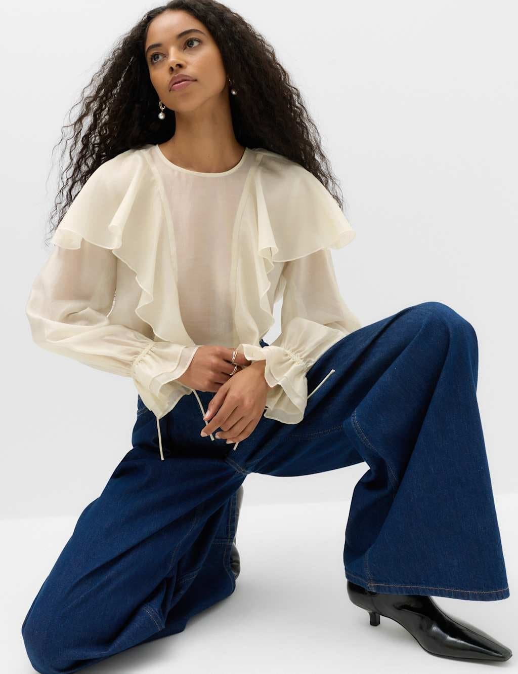Marks & Spencer M&S Lyocell Rich Ruffle Tie Detail Blouse Ivory