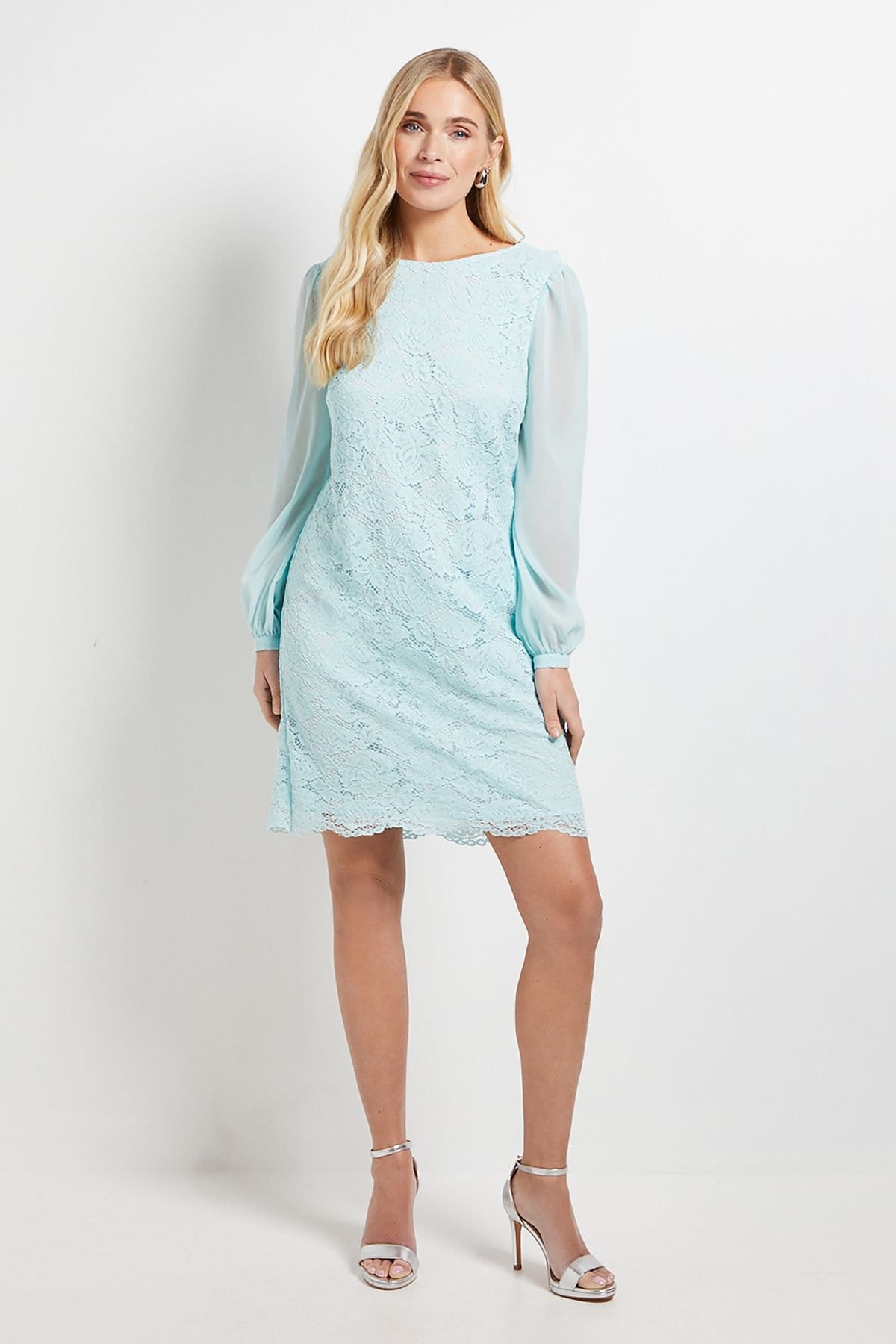 Wallis Wallis Women's Petite Lace Chiffon Cowl Back Shift Dress in Pale Blue - 4