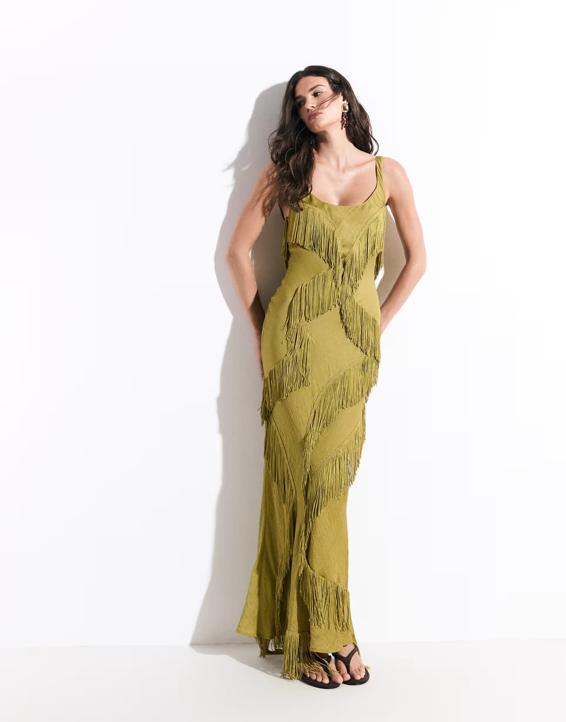 ASOS ASOS DESIGN scoop neck maxi dress with asymmetric fringe in olive green