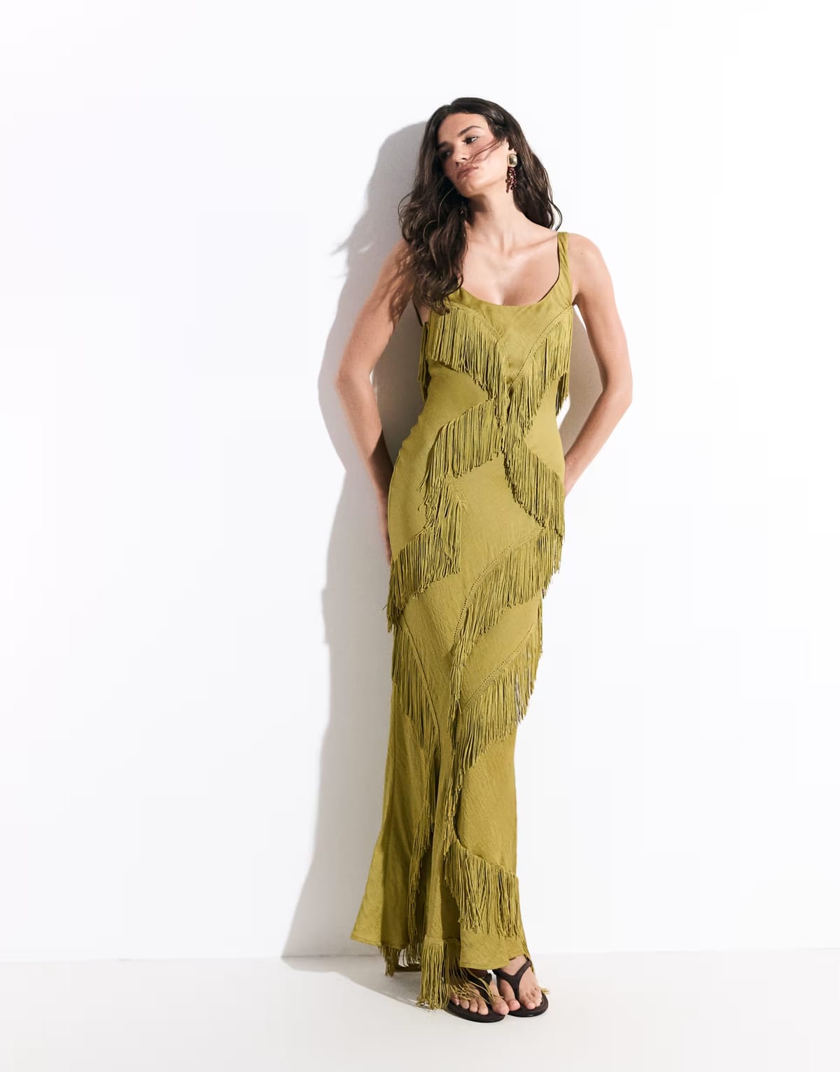 ASOS ASOS DESIGN scoop neck maxi dress with asymmetric fringe in olive green - 1