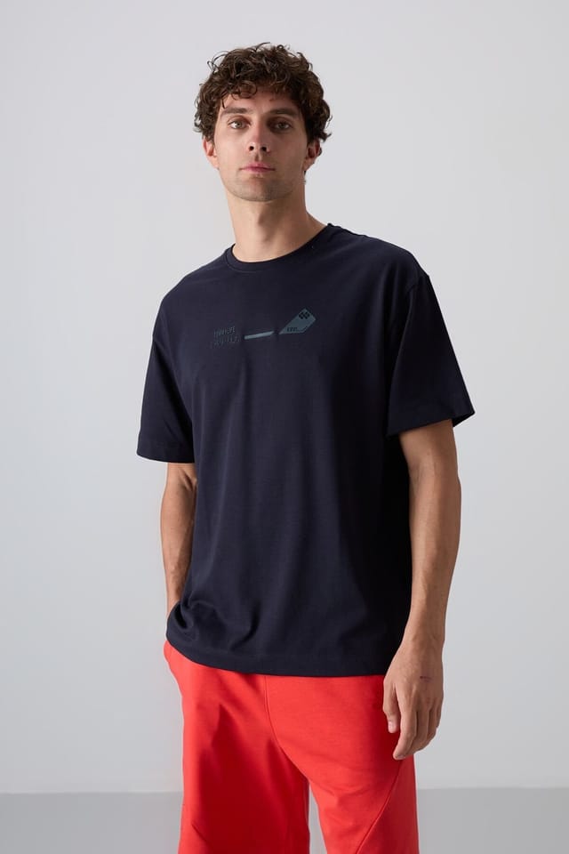 Tommy Life Tommy Life Men's Oversized Cotton-Polyester Crew Neck T-Shirt in Navy - 2